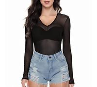 SamHeng Haut transparent noir pour femme à manches longues en maille transparente avec col en V Y2K pour sortir tenues chemisiers décontractés slim fit t-shirt basique pour fête clubwear, M
