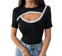 SamHeng Hauts à Manches Courtes per Femme Sexy Noir Col Rond À Côte Chemise de Base Mode Slim Fit Cut Out Tee Top à Tunique Classique Noir Tee-Shirt Club Streetwear (M)