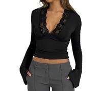 SamHeng Hauts à Manches Longues pour Femmes Sexy Dentelle Col en V Profond Manches Trompette Haut Court Slim Fit Chemise de Base T-shirt à Manches Cloche Mode Haut Chemisier Crop Top (Noir-L)