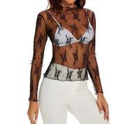 SamHeng Hauts Transparents Femme T-Shirt à Manches Longues Top Sexy Blouse Sheer Mesh Elastique Tops en Filet à Mailles Noir Tulle Tenue de Moulante pour Soirée Club-Noir