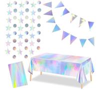 SamHeng Holographique Nappe de Fête Drapeaux Triangle Guirlande Papier Décoration, Nappe en Plastique Bannière Banderole Dot Étoile Guirlande Streamer Toile de Fond pour Fête Anniversaire Mariage