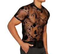 SamHeng Homme Transparent Fleurs T-Shirt en Maille Sexy Noir Transparent Col Rond Hauts à Manches Courtes Slim Fit Base Chemise pour Fête Carnaval Discothèque Clubwear Streetwear (L)