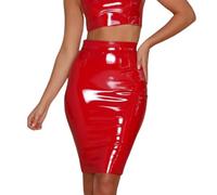 SamHeng Jupe Crayon en Cuir PU Look Humide Métallique Brillant Midi Bodycon à Taille Haute - Robe de Vêtements de Club de Bureau Sexy