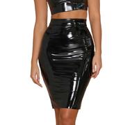SamHeng Jupe Crayon en Cuir PU Métallique Brillant - Midi Bodycon à Taille Haute - Robe de Bureau Sexy - Noir/L