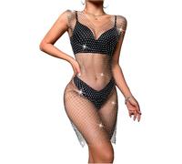 SamHeng Robe à Paillettes pour Femmes, Robe de Creux de Diamant en Mailles Noires en Maille, Voir à Travers Une Robe midi cloutée en Strass pour Une Tenue Rave du Club de Festival Une Robe Plage