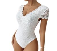 SamHeng Sexy Body en Dentelle pour Femme, Décolleté en V Manches Courtes Bodysuit Chic Élégant Dentelle Florale Transparente Dos Nu Une Pièc Combinaisons Justaucorps Slim Fit Tops (Blanc-L)