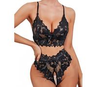 SamHeng Sexy Femme Ensemble Lingerie Soutien-Gorge et Culotte en Dentelle Florale 2 Pièces en Maille Transparente Babydoll Vêtements de Nuit sous-vêtements pour Dames Saint Valentin Fête de Mariage, M