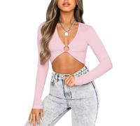SamHeng Sexy Haut Court V Profond pour Femme, T-shirt à Manches Longues Col en V Corset Bustier Ruché Anneau Rond Crop Tops Slim Fit Haut Vêtements Recadré Tee-shirt (Rose/M)