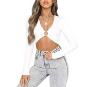 SamHeng Sexy Haut Court V Profond pour Femme, T-shirt à Manches Longues Col en V Corset Bustier Ruché Anneau Rond Crop Tops Slim Fit Haut Vêtements Recadré Tee-shirt (Blanc/L)