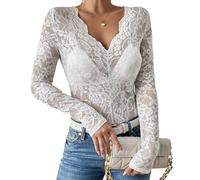 SamHeng Sexy Haut en Dentelle pour Femme, Élégant Col en V Tops en Maille Transparent Lace Florale Chemisier à Manches Longues Chemise de Base Mode Slim Fit Tee Shirt Top à Tunique (Blanc-XL)