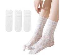 SamHeng Tabi Chaussettes Tongs pour Femme 3 paires Chaussettes Japonaises en Coton à Orteil Séparé Motifs Ajourés et Volants Décontractés pour Mollet(Blanc)