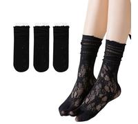 SamHeng Tabi Chaussettes Tongs pour Femme 3 paires Chaussettes Japonaises en Coton à Orteil Séparé Motifs Ajourés et Volants Décontractés pour Mollet(Noir)