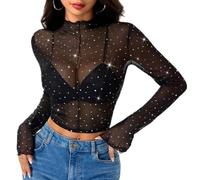 SamHeng Top en Maille pour Femme, Femme Hauts Transparents Sexy Top à Paillettes Manches Longues à Col Montant Chemise de Base Mode Slim Fit Tee Shirt Sheer Brillant Tops à Tunique (L)