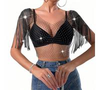 SamHeng Tops de diamants de diamants,Manche en filet en filet sexy noir crop tops,Voir à travers le gilet scintillant des strass pour la tenue rave du club de festival, le grand diamant Crystal Club