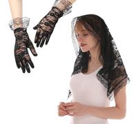 SamHeng Voile Mantille & Gants Courts, Élégant Fleurs Roses Dentelle Femmes Voile d'église Voile de Masse Voile de Chapelle Couvre Tete avec Gants Floraux pour Mariage Fête Costume (Noir)