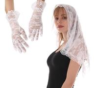 SamHeng Voile Mantille & Gants Courts, Élégant Fleurs Roses Dentelle Femmes Voile d'église Voile de Masse Voile de Chapelle Couvre Tete avec Gants Floraux pour Mariage Fête Costume (Blanc)
