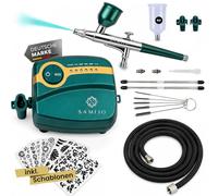 SAMIJO Kit aérographe avec compresseur, kit aérographe pour modélisme, peinture miniature, [DIY SchABLONEN] Pistolet aérographe double action, kit de démarrage complet, graphite, peinture miniature,