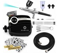 SAMIJO Kit aérographe avec compresseur, kit aérographe pour modélisme, peinture miniature, [DIY SchABLONEN] Pistolet aérographe double action Kit de démarrage complet Grafitti Peinture miniature