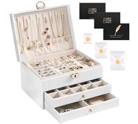 SAMISO Boite à Bijoux,Coffret à Bijoux 3 Couches,avec Clef en Cuir Imperméable,pour Boucles,d'oreilles,Colliers,Bracelets,rangement de bijoux pour voyage,moderne,idée cadeau,blanc classique