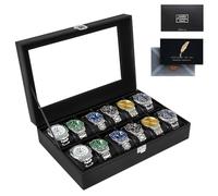 SAMISO Boîte à Montres à 12 Emplacements, Coffret à Montres,Présentoir à Montres,avec Couvercle en Verre,Coussinets Amovibles,Cadeau pour Homme,Boîte Rangement Montre pour Hommes Femmes,Noir