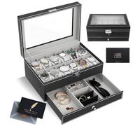 SAMISO Boîte à montres à 2 couches,Coffret à Montres avec couvercle en verre,Rangement pour Montres en Cuir,12 compartiments et 1 tiroir,pour montres, bagues, bracelets,Boîte de Montre Noir