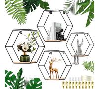 SAMISO Étagères Murales Hexagonales - Lot de 3 Avec Socle en Bois Et Metal Noir - Design Industriel Pour Petite Etagère