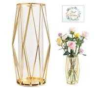 SAMISO Vase Décoratif Design avec Support Métallique Géométrique Or 27cm, en Verre pour Plantes Hydroponiques et Fleurs, Centre De Table pour Mariage à Domicile