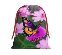 SamLng Grand sac cadeau avec cordon de serrage - Papillon violet et fleurs Parfait pour Noël, les vacances et les fêtes - Sacs à bonbons et sacs à friandises
