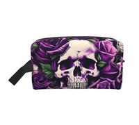 SamLng Grande trousse de maquillage de voyage - Beaucoup de têtes de mort de roses violettes avec impression complète, organisateur de toilette portable, pochette multi-usage pour le maquillage, blanc
