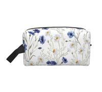SamLng Grande trousse de maquillage de voyage - Fleurs et bleuets marguerites - Motif imprimé complet - Organiseur de toilette portable - Pochette multi-usage pour le maquillage - Blanc - Taille