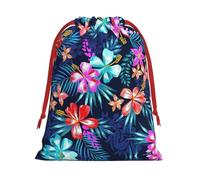 SamLng Sac cadeau moyen avec cordon de serrage - Motif floral bleu parfait pour Noël, les vacances et les fêtes - Sacs à bonbons et sacs à friandises