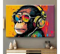 SamLng Tableau moderne style graffiti aquarelle orang-outan sur toile, lunettes et casque audio tendance, couleurs vibrantes pour un effet déco original (60 x 120 cm/sans cadre)