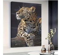SamLng Tableau moderne sur toile représentant un léopard au repos, portrait d'animal sauvage, majestueux félin sur une bûche, impression sur toile, décoration intérieure (50 x 60 cm/sans cadre)