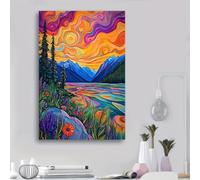 SamLng Tableau sur toile représentant un coucher de soleil vibrant et tourbillonnant sur un lac de montagne et une forêt (70 x 90 cm/sans cadre)