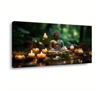 SamLng Tableau sur toile représentant une statue de Bouddha avec des bougies et des lotus dans une forêt verte, décoration intérieure (45 x 90 cm avec cadre)
