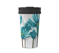 SamLng Tasse à café isotherme de transport à motif floral bleu sarcelle et blanc - avec poignée, gobelet de voyage haute capacité pour la maison, le bureau et les déplacements