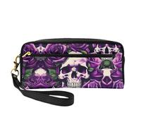 SamLng Trousse de maquillage réutilisable - De nombreuses roses violettes - En cuir imprimé crâne - Petite trousse de maquillage pour voyage, trousse de toilette avec fermeture éclair, noir, One Size