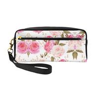 SamLng Trousse de maquillage réutilisable - Fleur florale rose imprimé Petite trousse de maquillage en cuir pour voyage, organiseur de toilette avec fermeture éclair, noir, One Size