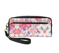 SamLng Trousse de maquillage réutilisable - Fleur Rose Papillon Imprimé Petite Trousse de Maquillage en Cuir pour Voyage Organisateur de Toilette avec Fermeture Éclair, noir, One Size