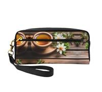 SamLng Trousse de maquillage réutilisable - Fleur sarcelle sur planche de bois imprimé en cuir Petite trousse de maquillage pour voyage, organiseur de toilette avec fermeture éclair, noir, One Size