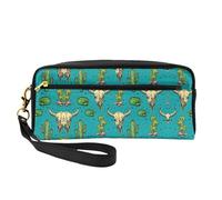 SamLng Trousse de maquillage réutilisable - Joli cactus et crâne de taureau en cuir imprimé petite trousse de maquillage pour voyage, trousse de toilette avec fermeture éclair, noir, One Size