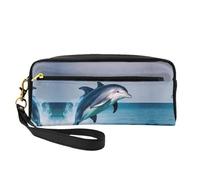 SamLng Trousse de maquillage réutilisable - Jolie trousse de maquillage en cuir imprimé dauphin pour voyage, organiseur de toilette avec fermeture éclair, noir, One Size