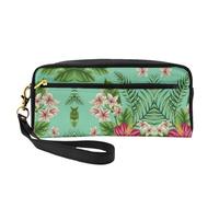 SamLng Trousse de maquillage réutilisable - Motif feuilles tropicales hawaïennes et fleurs imprimées - Petite trousse de maquillage en cuir pour voyage, trousse de toilette avec fermeture éclair, noir