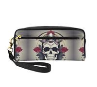 SamLng Trousse de maquillage réutilisable - Motif tête de mort - Petite trousse de maquillage en cuir imprimé pour voyage, trousse de toilette avec fermeture éclair, noir, One Size