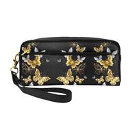 SamLng Trousse de maquillage réutilisable - Papillons blancs dorés et noirs - Petite trousse de maquillage en cuir imprimé pour voyage, trousse de toilette avec fermeture éclair, noir, One Size