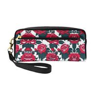 SamLng Trousse de maquillage réutilisable - Petite trousse de maquillage en cuir avec imprimé floral de rose pour voyage, organiseur de toilette avec fermeture éclair, noir, One Size