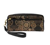 SamLng Trousse de maquillage réutilisable - Petite trousse de maquillage en cuir imprimé bronze avec engrenages et horloge - Pour voyage, trousse de toilette avec fermeture éclair, noir, One Size
