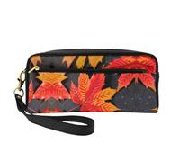 SamLng Trousse de maquillage réutilisable - Petite trousse de maquillage en cuir imprimé feuilles rouges d'automne pour voyage, organiseur de toilette avec fermeture éclair, noir, One Size