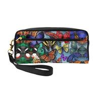 SamLng Trousse de maquillage réutilisable - Petite trousse de maquillage en cuir imprimé papillon coloré dessiné à la main pour voyage, organiseur de toilette avec fermeture éclair, noir, One Size