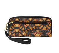 SamLng Trousse de maquillage réutilisable - Tas de papillons monarques oranges en cuir imprimé petite trousse de maquillage pour voyage, organiseur de toilette avec fermeture éclair, noir, One Size